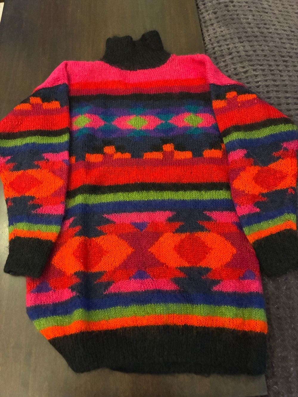 90s Vintage Multicolor Handknit Patterned Neon Turtleneck Sweater. Small.